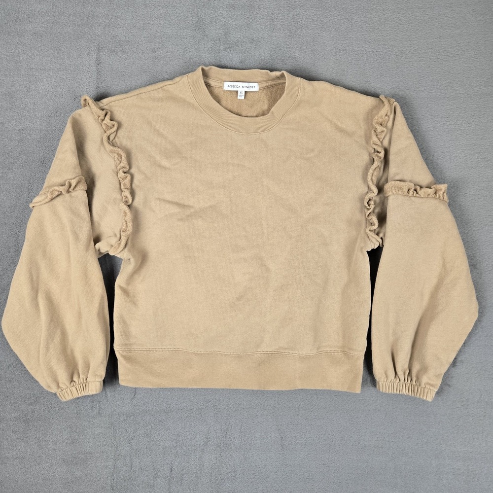 Rebecca Minkoff Sweatshirt Pullover Evelyn Womens XS Khaki Beige Ruffle Sleeves